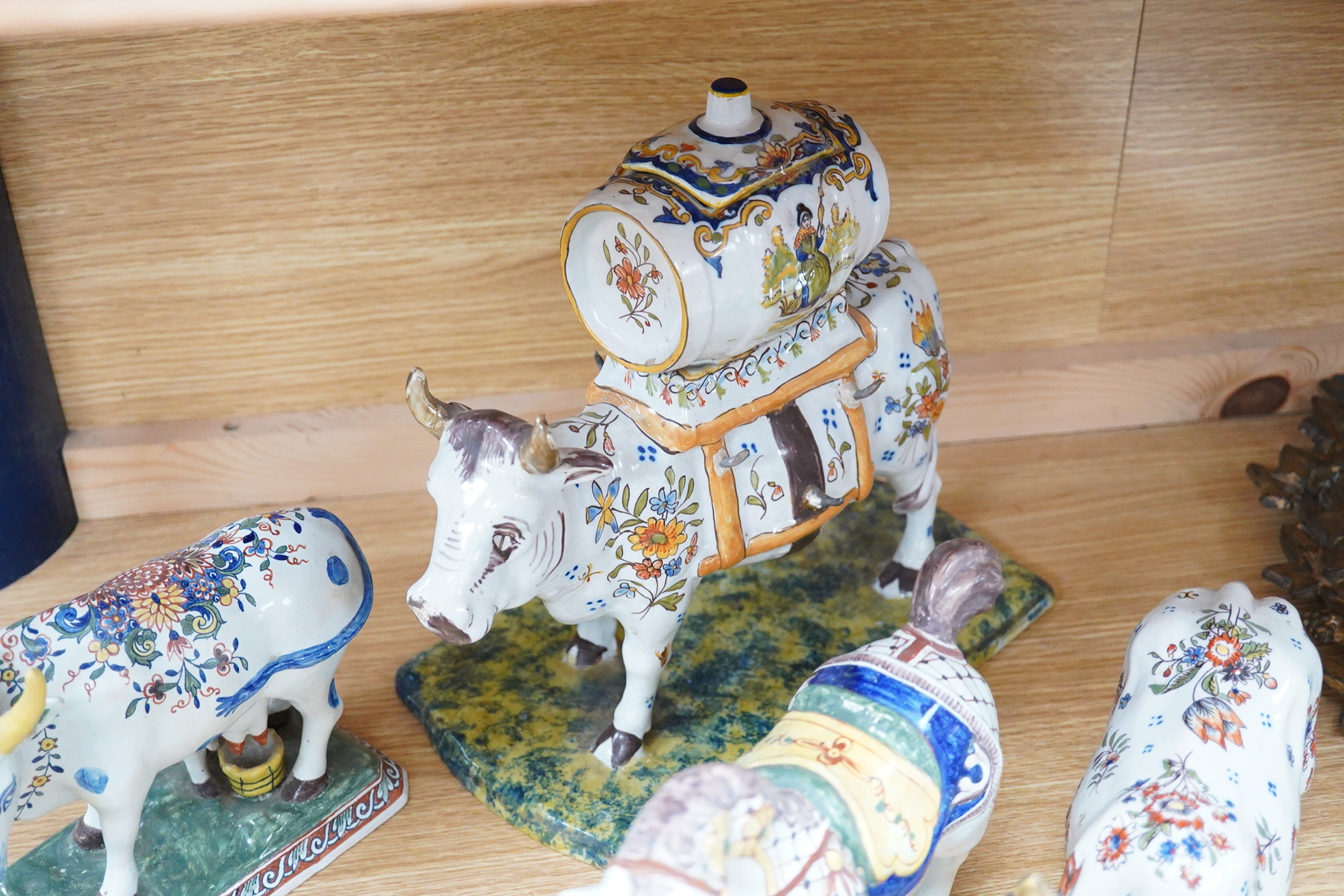 19th century French faience models of cows, a cat and a frog .(9), Tallest 30 cm